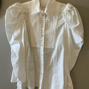 Aje White Blouse with Puff Sleeves and Pearl Accents